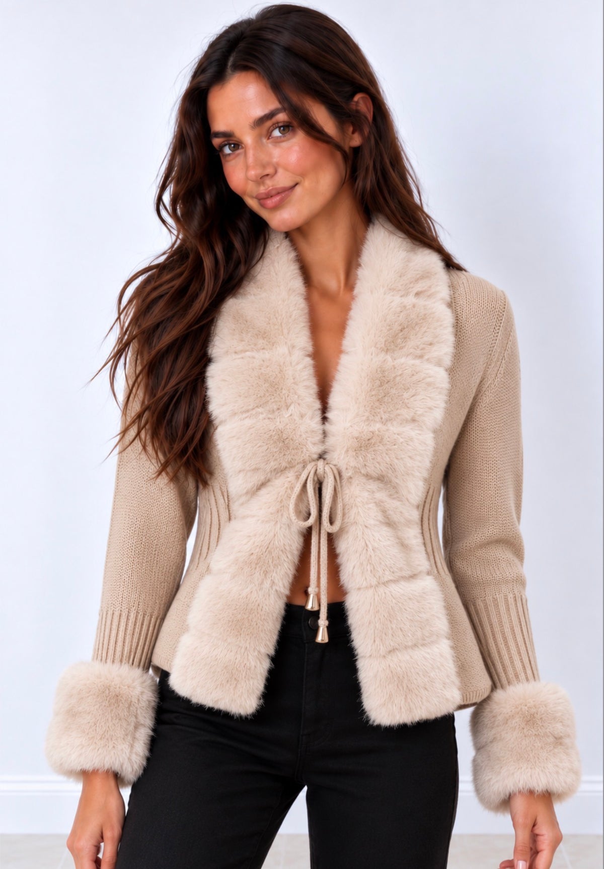 Chaqueta corta beige de punto con ribete de pelo y lazada