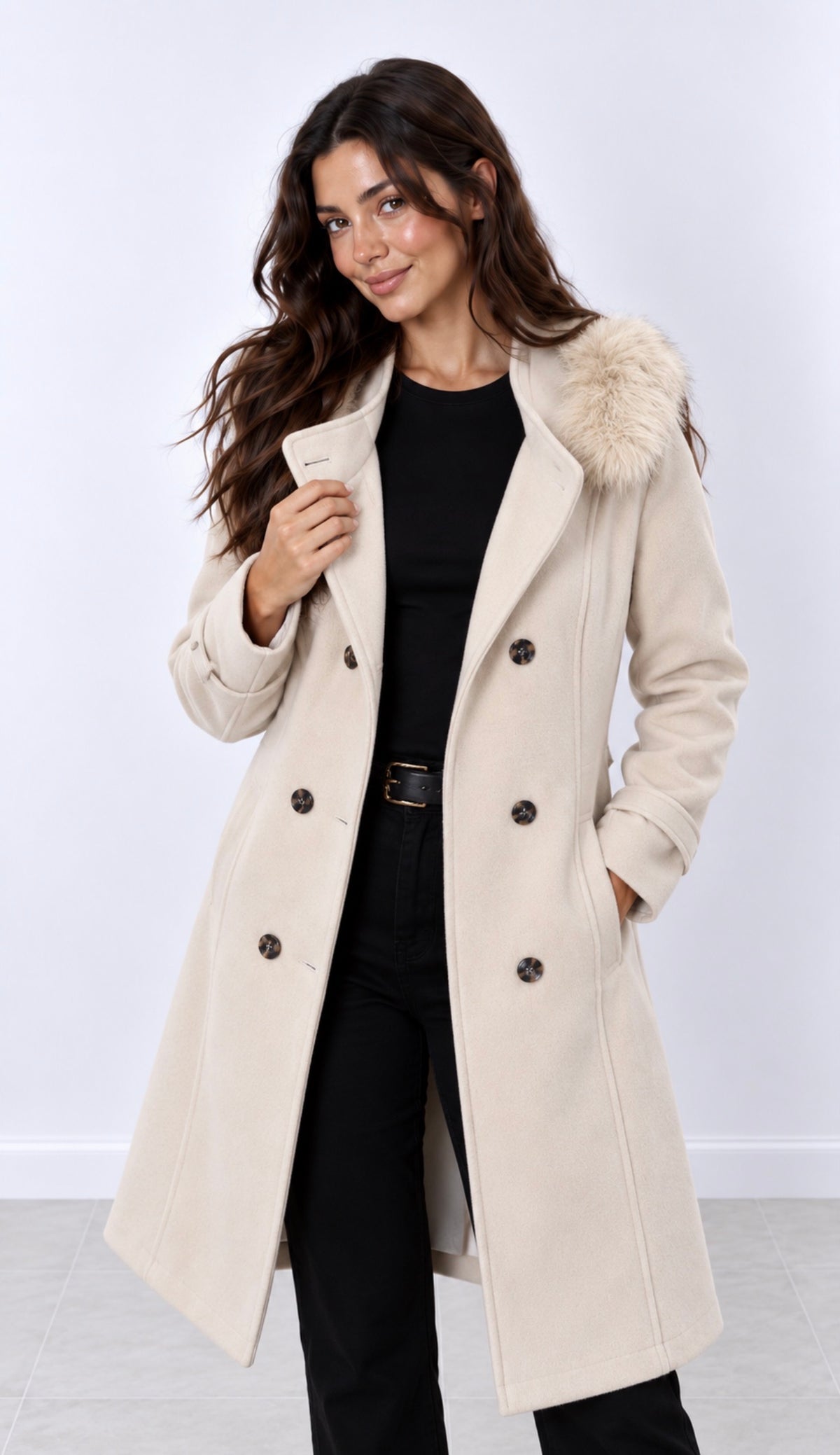 Abrigo Cruzado Beige con Cuello de Pelo