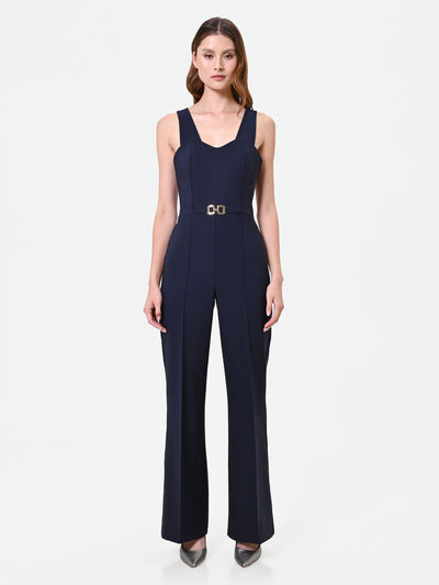 Mono elegante azul marino con pantalón ancho
