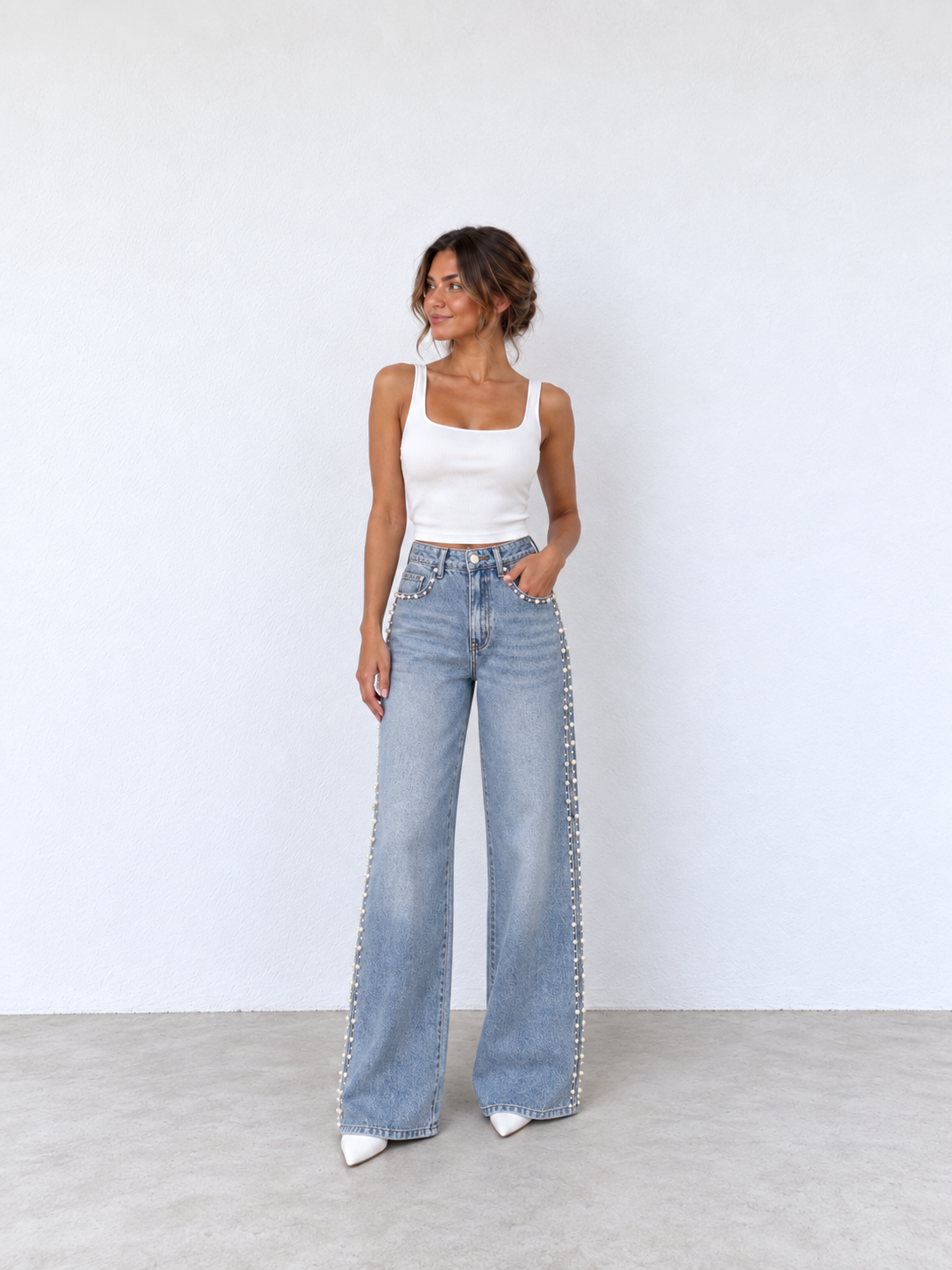 Vaquero Wide Leg Azul Claro con Perlas Laterales