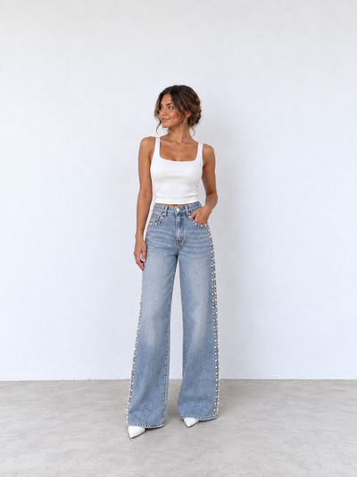 Vaquero Wide Leg Azul Claro con Perlas Laterales