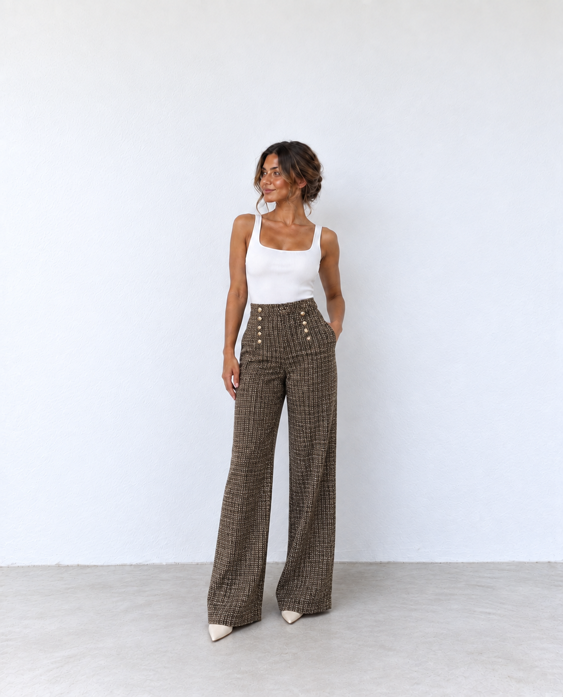 Pantalón Wide Leg de Tweed Marrón con Botones Dorados