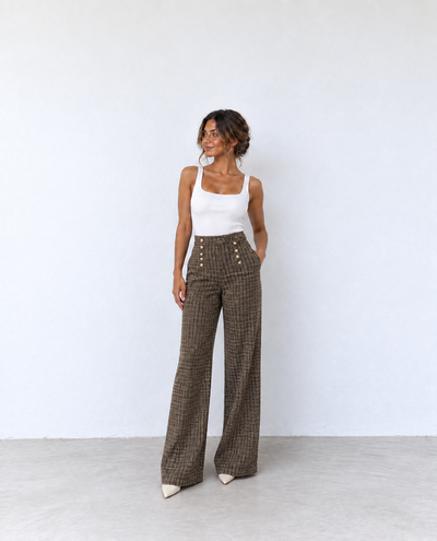 Pantalón Wide Leg de Tweed Marrón con Botones Dorados