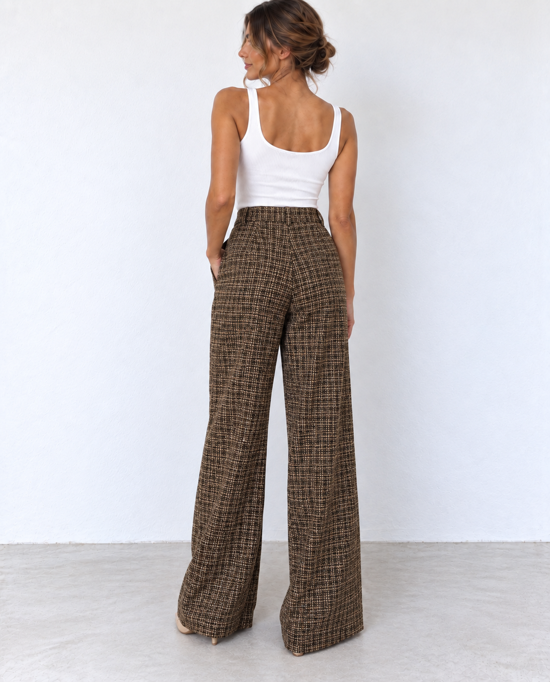 Pantalón Wide Leg de Tweed Marrón con Botones Dorados