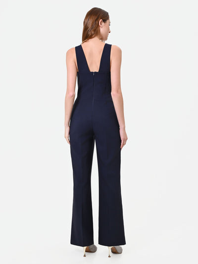 Mono elegante azul marino con pantalón ancho