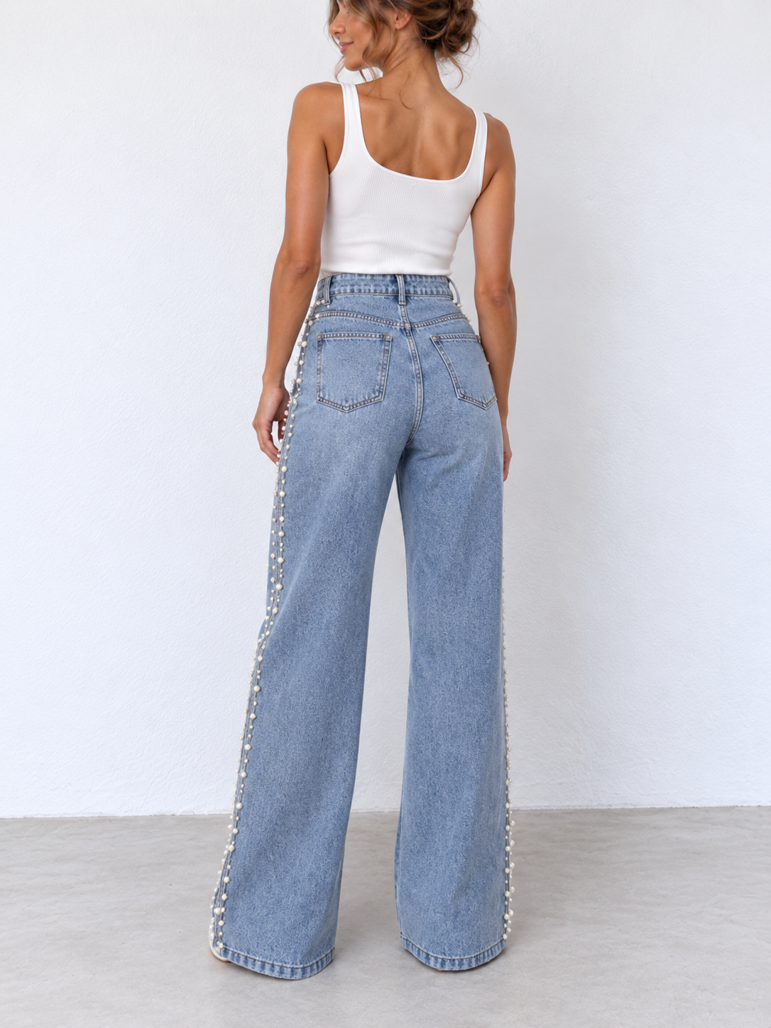 Vaquero Wide Leg Azul Claro con Perlas Laterales