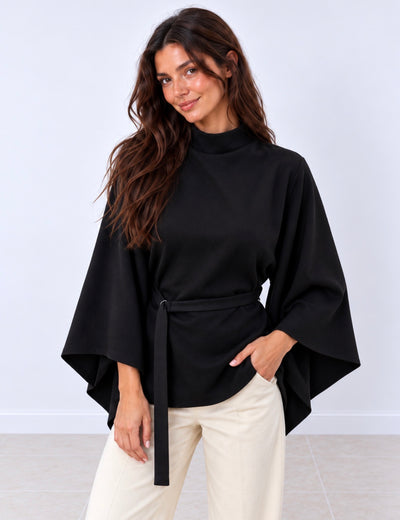 Jersey corto de cuello alto a rayas beige y blanco