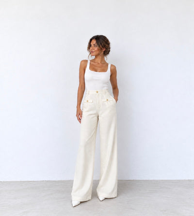 Pantalón Palazzo Crudo con Bolsillos de Solapa y Botones Dorados
