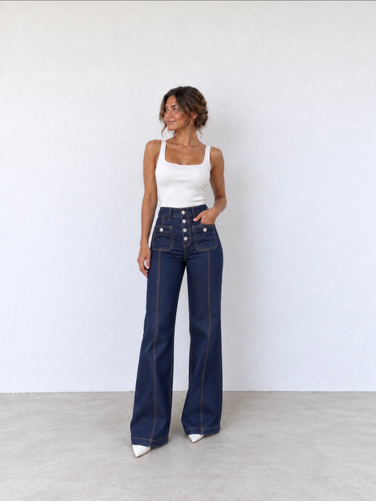 Vaquero Wide Leg Azul Oscuro con Botones y Pespuntes
