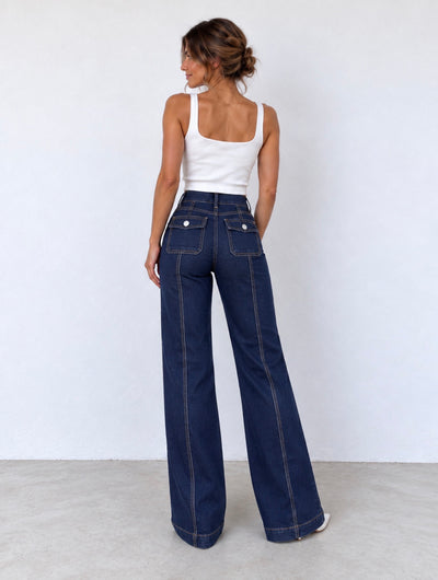 Vaquero Wide Leg Azul Oscuro con Botones y Pespuntes