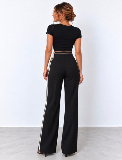 Pantalón Palazzo Negro con Vivos Crudos y Lazada