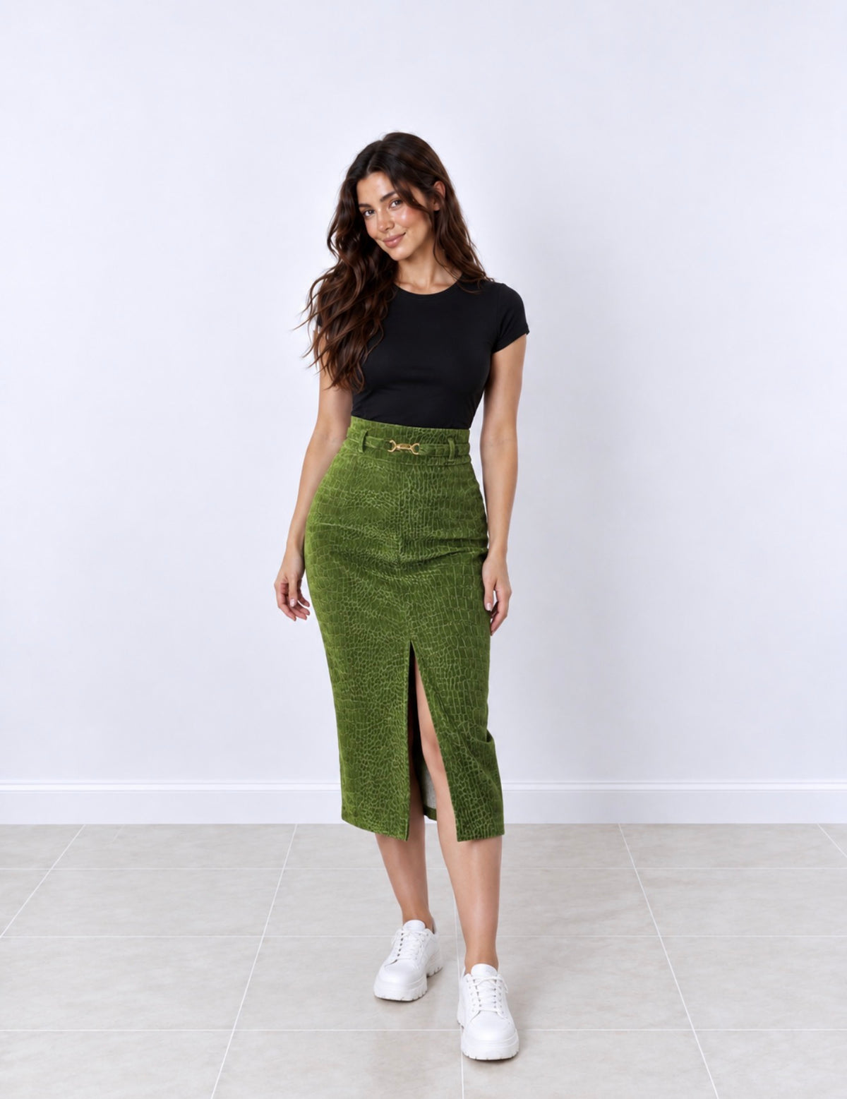 Falda Midi Verde Estampada con Cinturón y Abertura