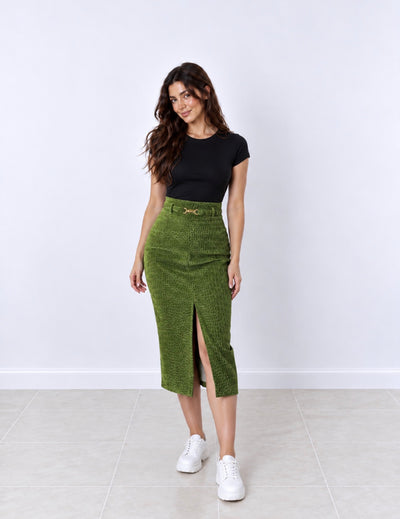Falda Midi Verde Estampada con Cinturón y Abertura