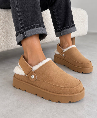 Zuecos Camel Efecto Ante con Borrego y Plataforma
