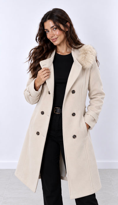 Abrigo Cruzado Beige con Cuello de Pelo