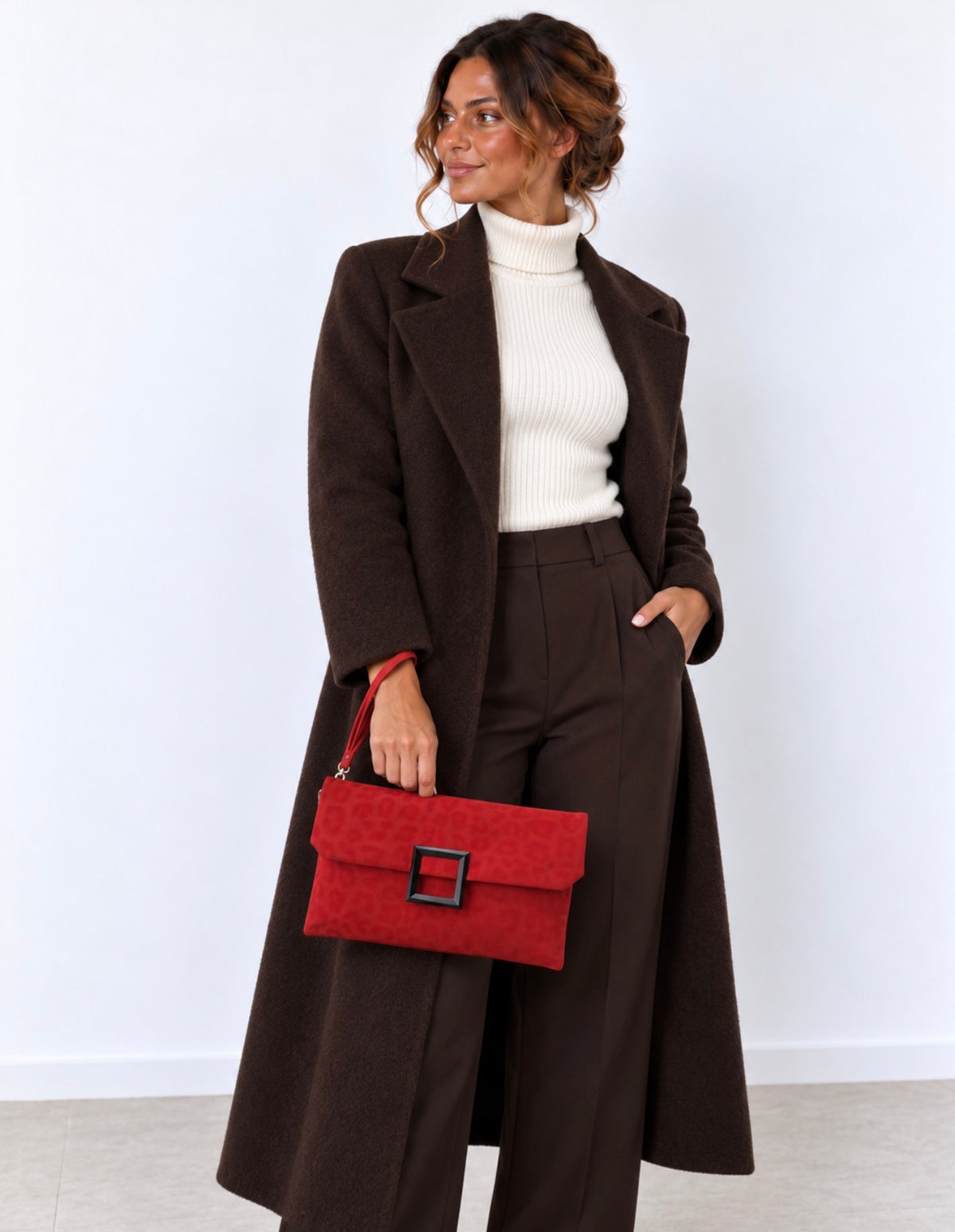 Bolso de Mano Rojo Efecto Ante con Hebilla Cuadrada