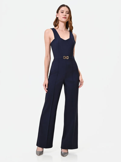 Mono elegante azul marino con pantalón ancho